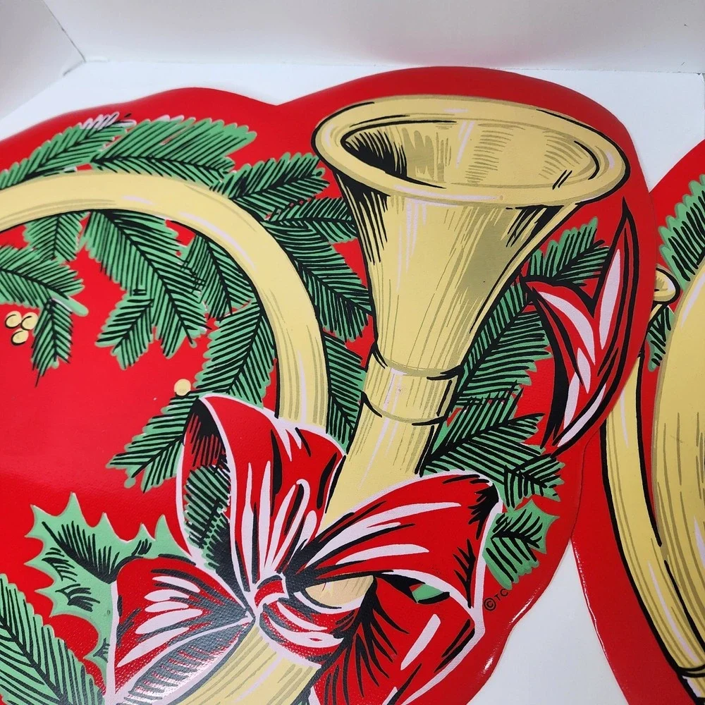 Town & Country Vinyl 1980s Christmas Table Placemats 14 X 18 Red French Horn EC